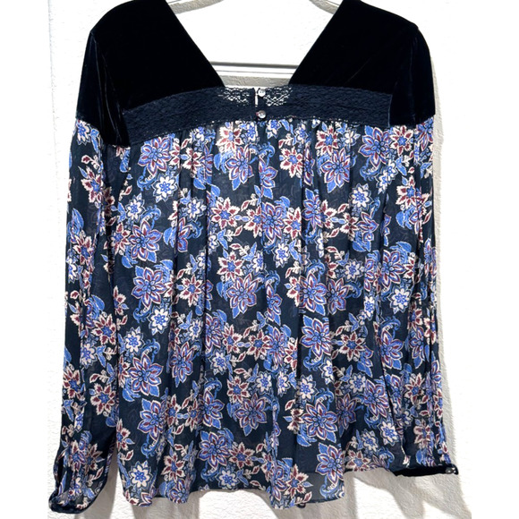 Sundance Blue Blouse Sz XS Fairy Top Sheer Floral Velvet Lace Trim Whimsigoth - Picture 3 of 8